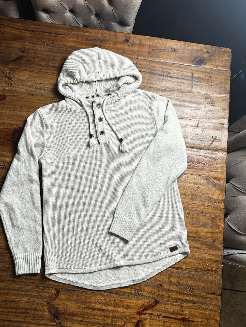 Men's Cream Knit Hooded Henley Sweatshirt